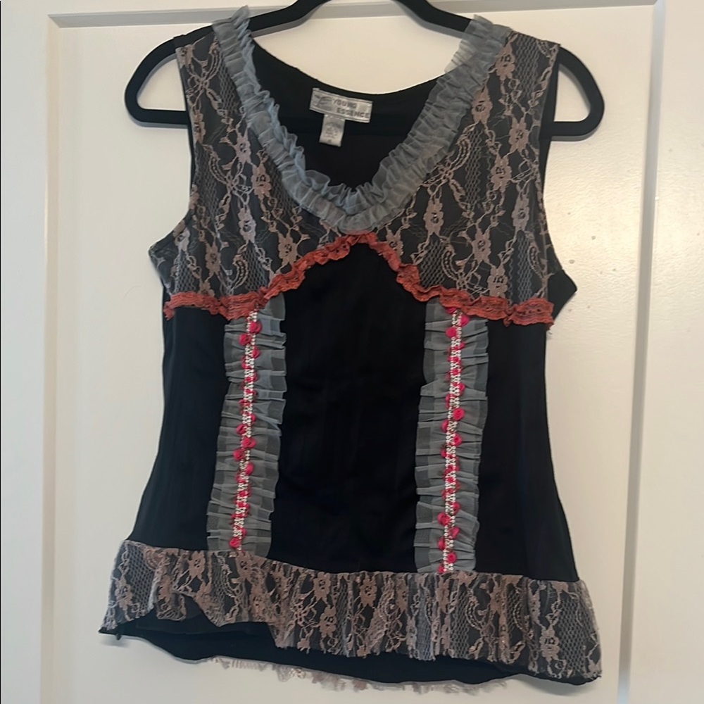 Young Essence Black and Pink Embellished Ruffled Blouse
